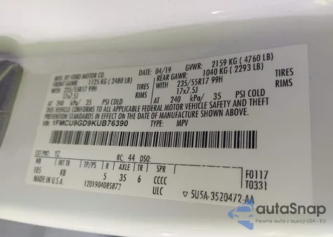 2019 Ford Escape Se из США, поврежденный, VIN 1FMCU9GD9KUB76390